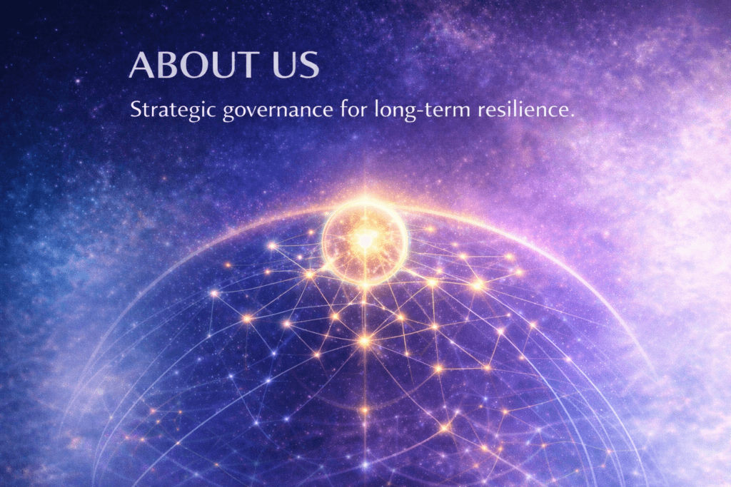 About Us website banner featuring deep blue and violet brand tones with a luminous central sphere and interconnected network lines, symbolising strategic governance, alignment and long-term institutional resilience.