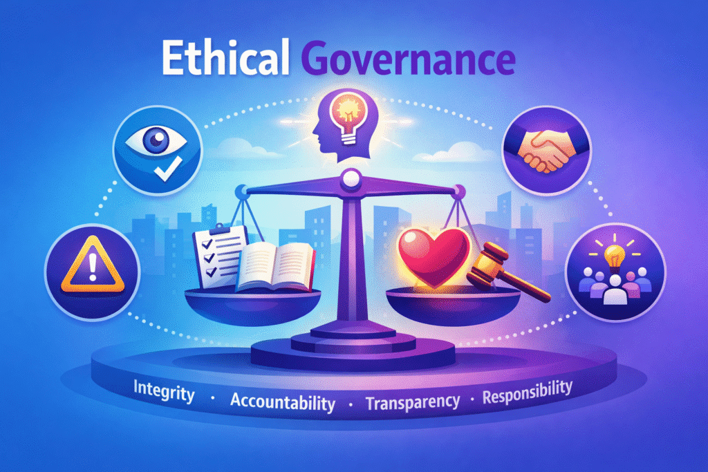 Conceptual graphic of ethical governance in boards featuring balanced scales symbolising integrity, accountability, transparency and responsible decision-making.