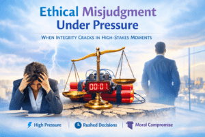 Header image for article titled “Ethical Misjudgment Under Pressure” in brand blue (#2fc5f4) and purple (#6e4d9f) tones. A stressed businesswoman sits at a desk on the left, while golden scales of justice balance beside a ticking digital timer and red dynamite in the centre, symbolising high-stakes decision-making. On the right, a suited executive stands facing a city skyline, representing leadership under pressure. The background is light with storm clouds and subtle lightning, illustrating tension, urgency, and moral compromise.