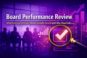 Board performance review banner showing a boardroom scene with silhouetted directors, data charts, and a magnifying glass highlighting governance evaluation and decision analysis in purple and blue tones.