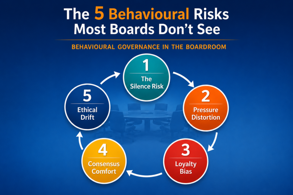 Infographic titled "The 5 Behavioural Risks Most Boards Don't See" showing five interconnected behavioural governance risks arranged in a circular sequence around a boardroom image. The risks are: 1) The Silence Risk, 2) Pressure Distortion, 3) Loyalty Bias, 4) Consensus Comfort, and 5) Ethical Drift. Arrows connect each risk to illustrate how behavioural dynamics can reinforce one another and influence governance effectiveness, boardroom decision-making and organisational outcomes.